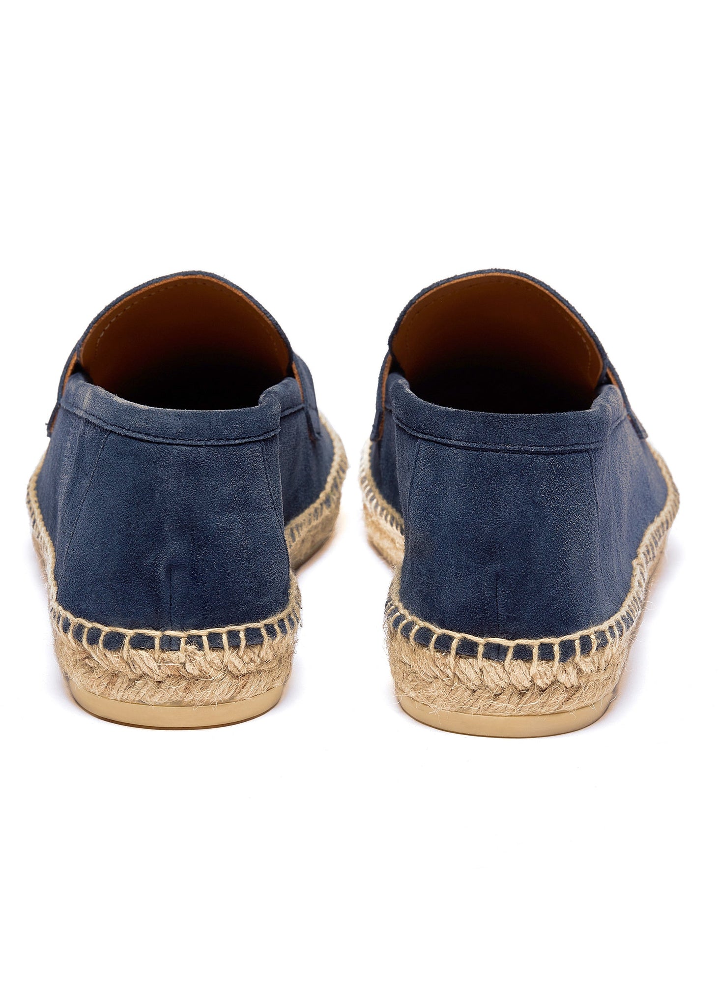 back of Blue suede espadrille with a natural straw sole and gold hardware on top