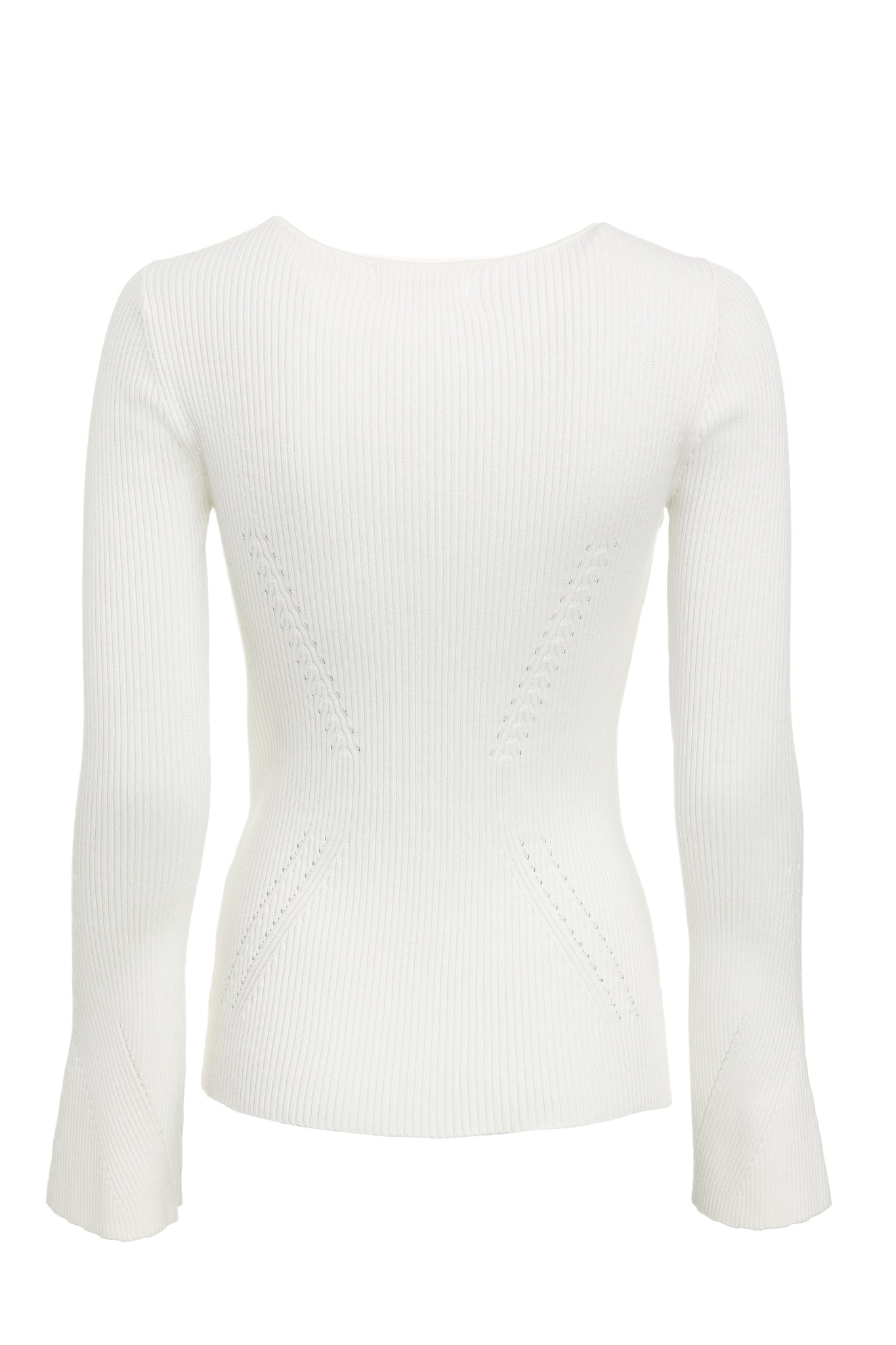 back of a form fitting lightweight ribbed knit cream jumper with a boat neckline and bell sleeves