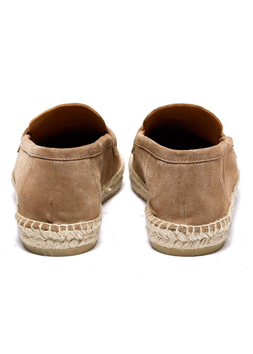 back of taupe suede espadrille with plaited jute sole