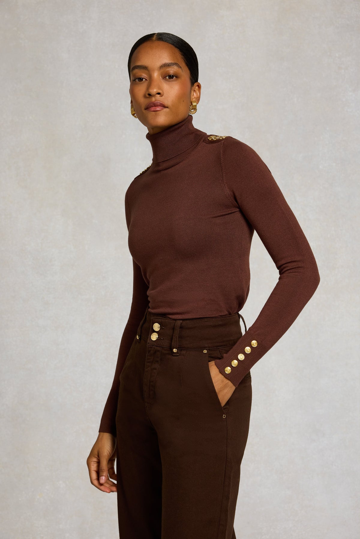 Buttoned Knit Roll Neck (Walnut)