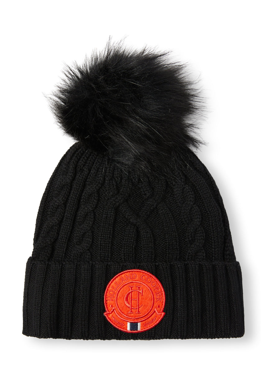 Cable Faux Fur Bobble Hat (Black)