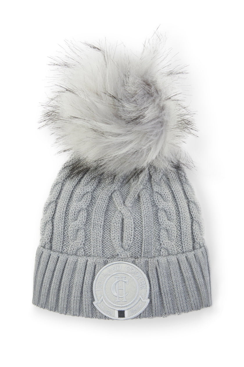 Cable Faux Fur Bobble Hat (Grey Marl)