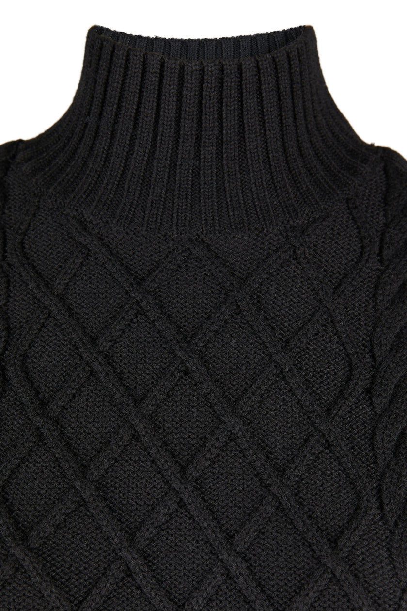 ribbed turtle neck hem detail on womens black sleeveless cable knit mini dress with ribbed hem 