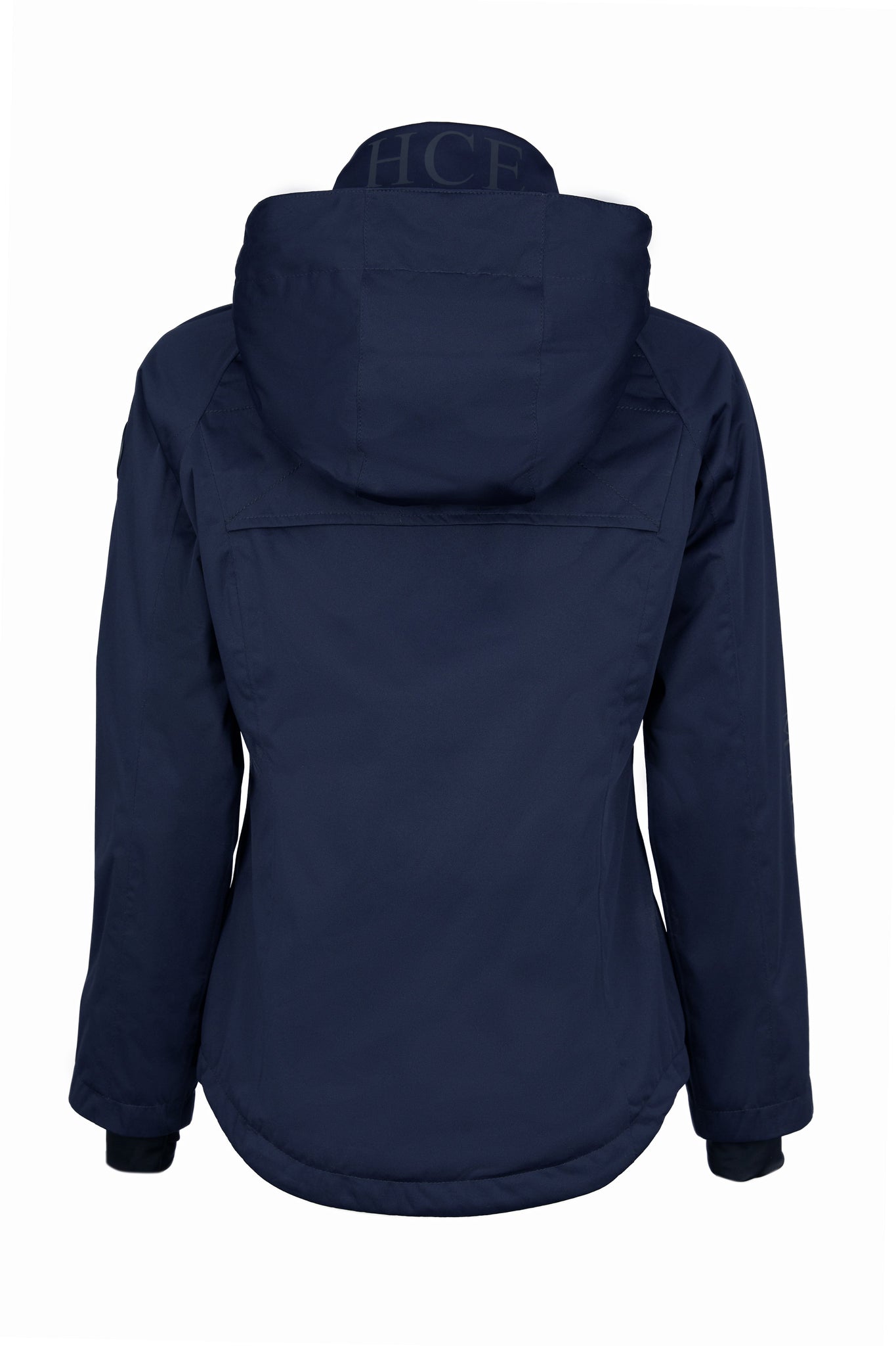 bacck of Womens waterproof navy jacket with stowaway hood storm cuffs and two pockets at hip with waterproof zip fastening with hood out 