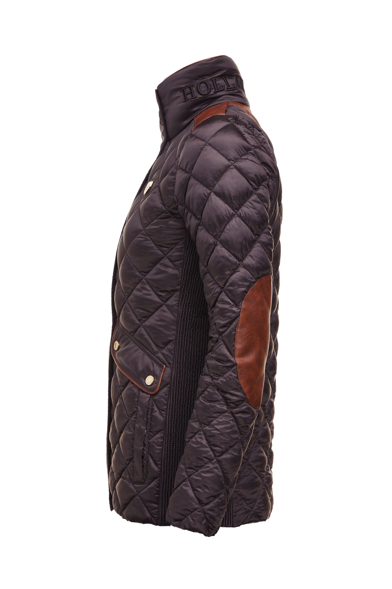 side of womens diamond quilted chocolate jacket with contrast tan leather elbow and shoulder pads large front pockets and shirred side panels