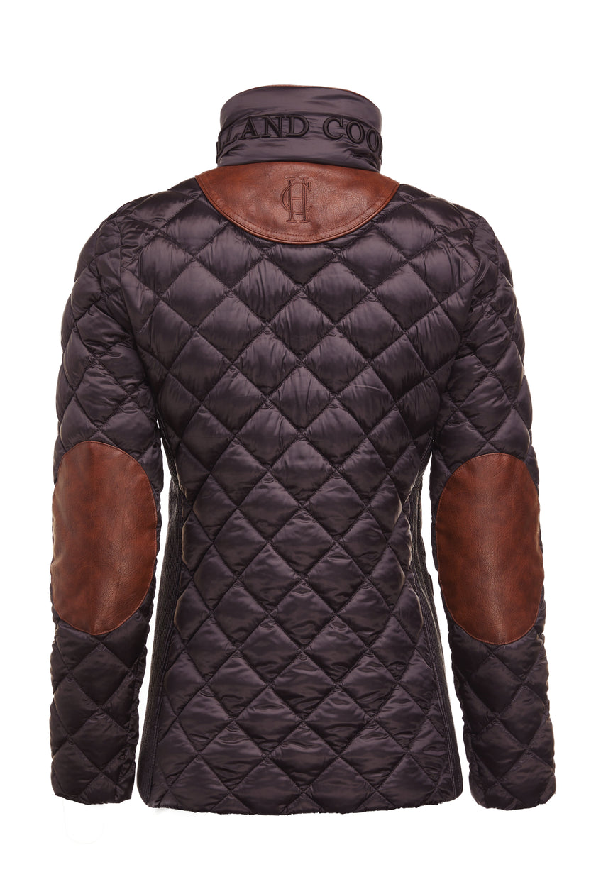 back of womens diamond quilted chocolate jacket with contrast tan leather elbow and shoulder pads large front pockets and shirred side panels