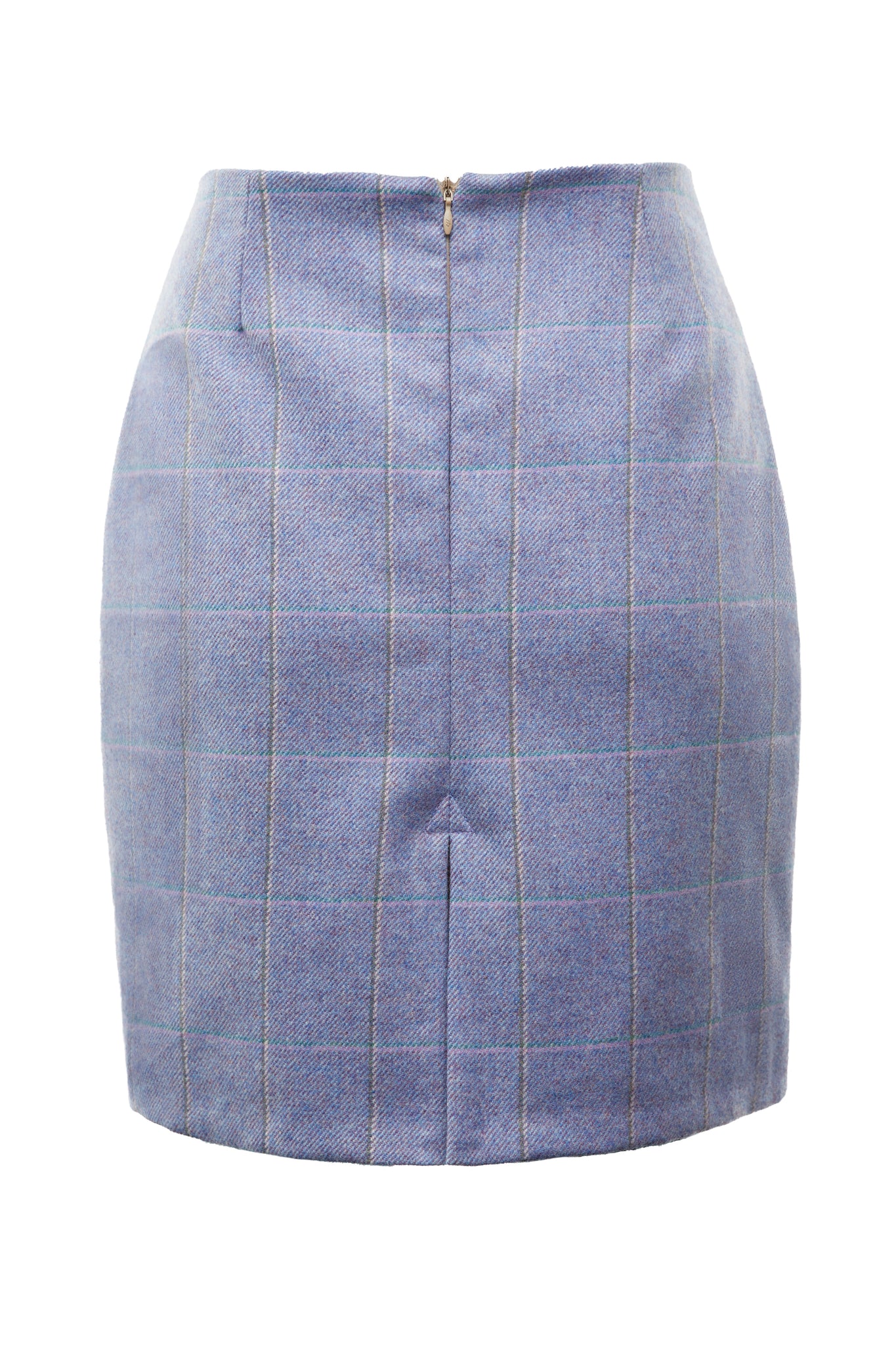 back of womens wool pencil mini skirt in purple check with slit on back and zip fastening on centre back