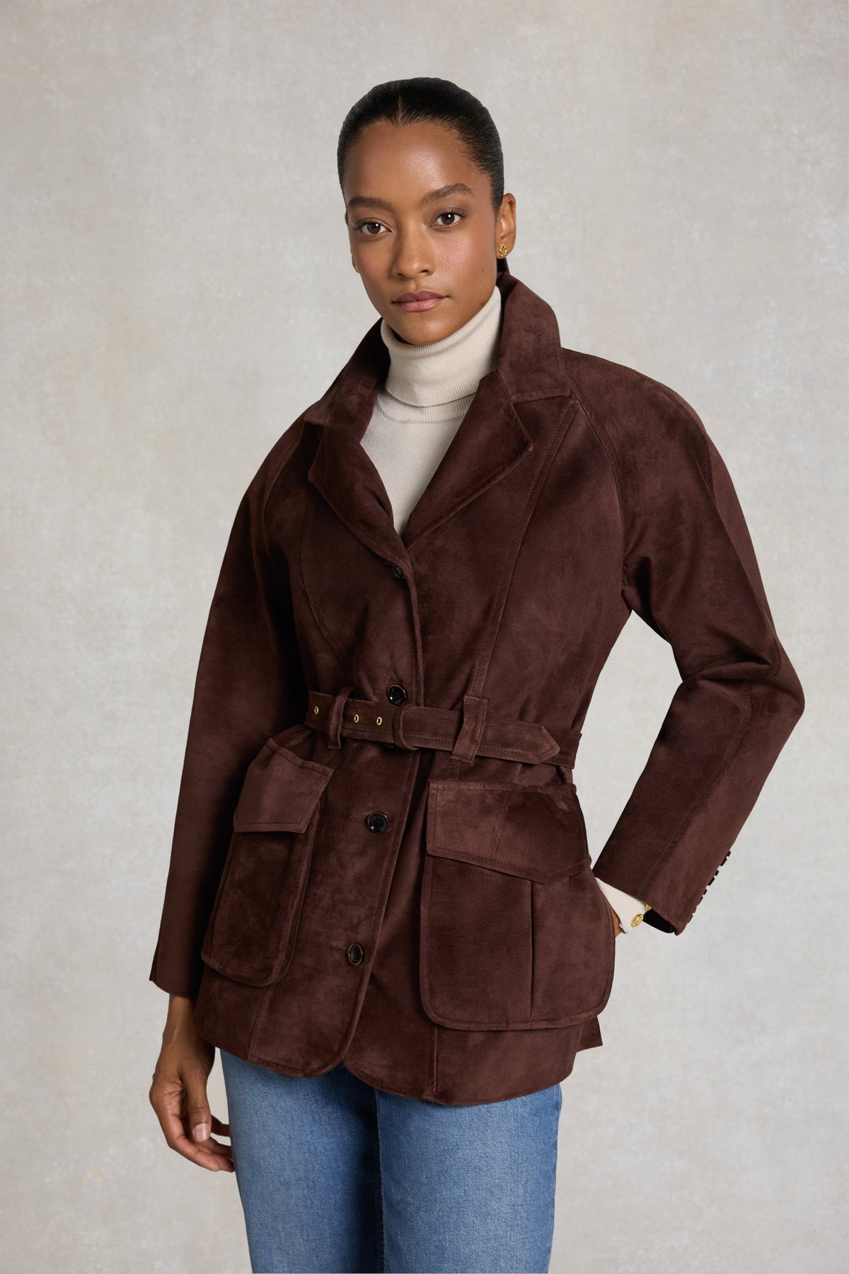 Cotswold Belted Jacket (Chocolate Suede)