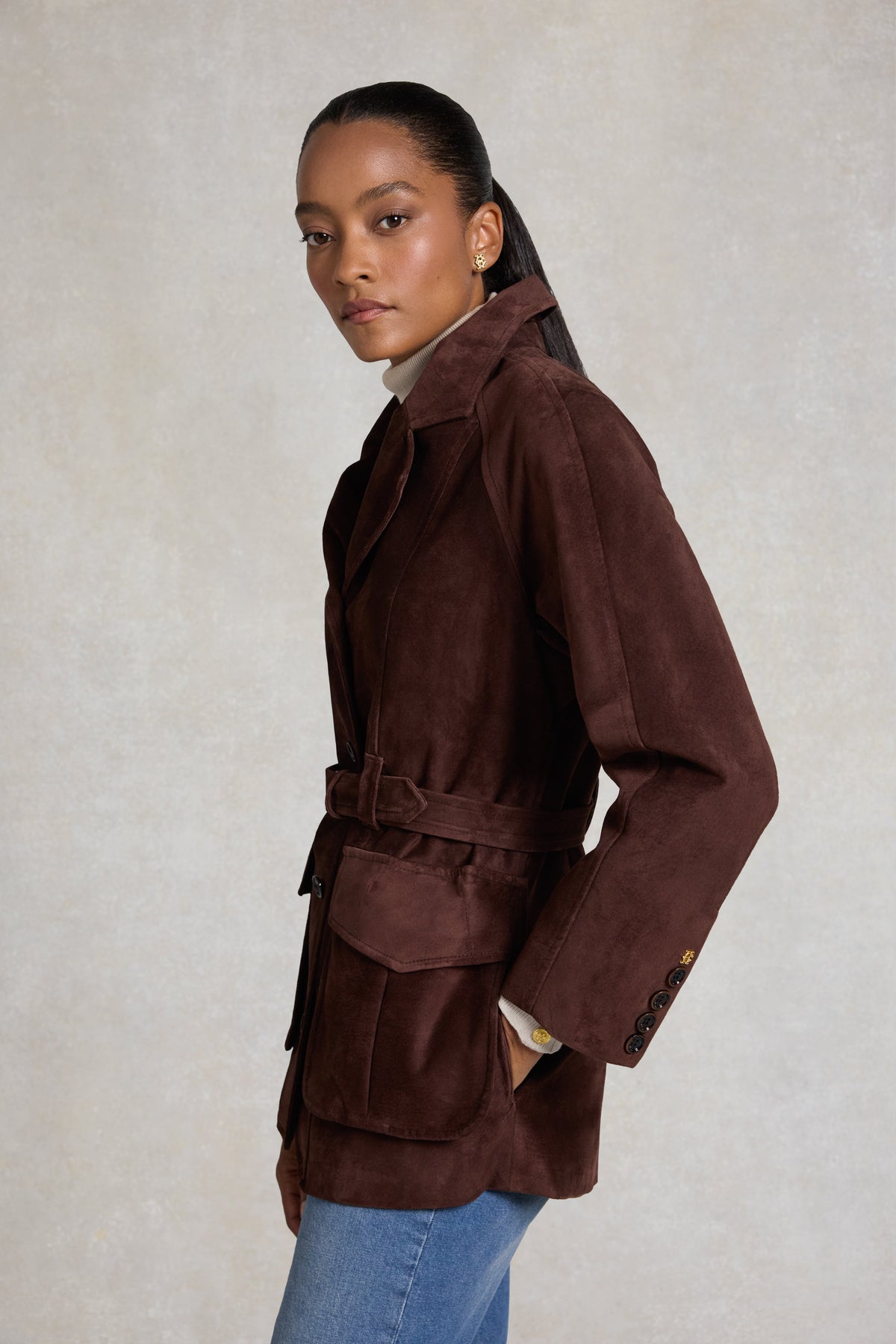 Cotswold Belted Jacket (Chocolate Suede)