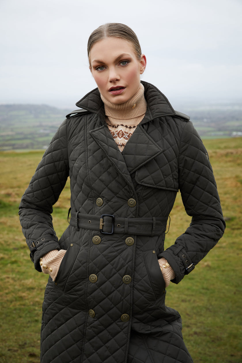 Full Length Enstone Quilted Trench Coat (Dark Olive)