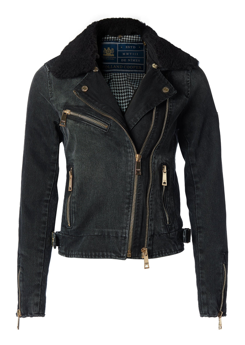 Denim Biker Jacket (Washed Black Sherpa)