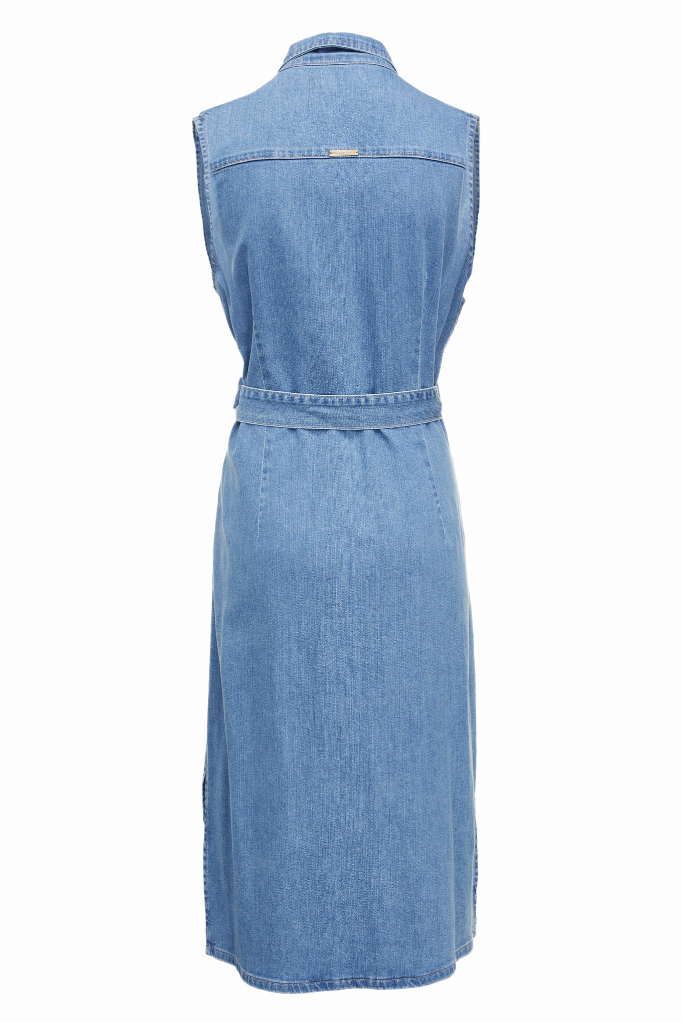 back shot of womens blue denim sleeveless midi dress with tie around the waist and gold buttons down the front