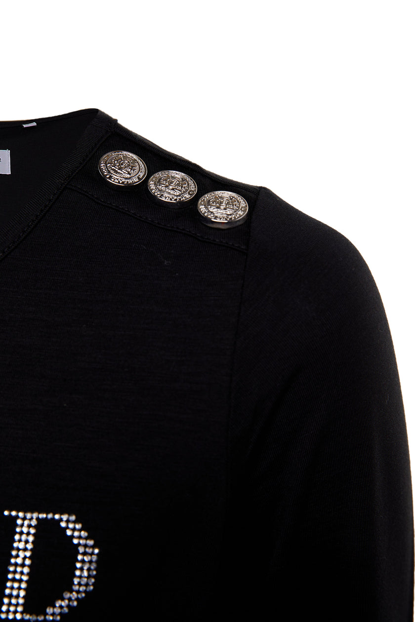 Diamante Long Sleeve Crew Neck Tee (Black Silver)