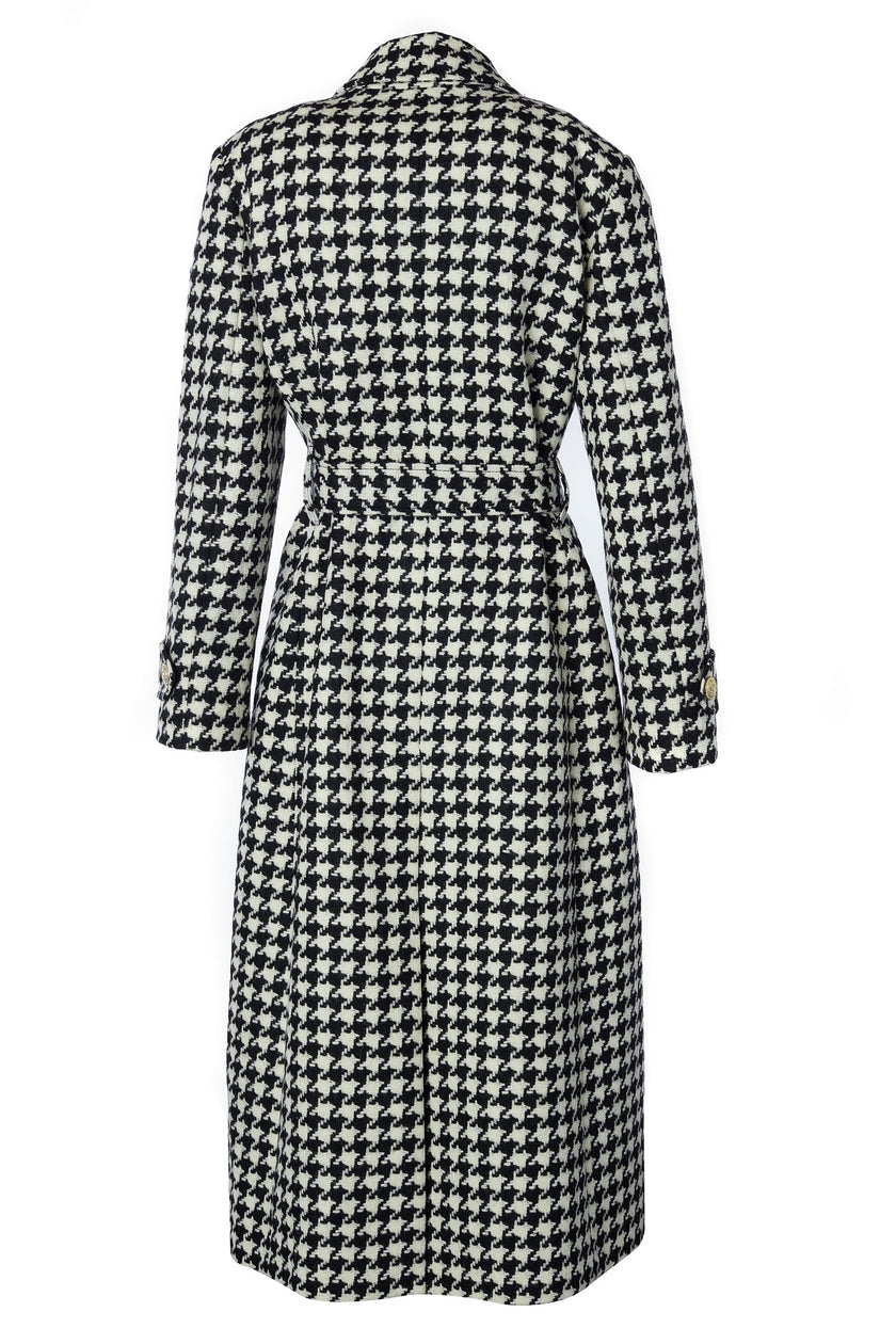 back of Womens black and white large houndstooth mid length wrap coat with tie belt