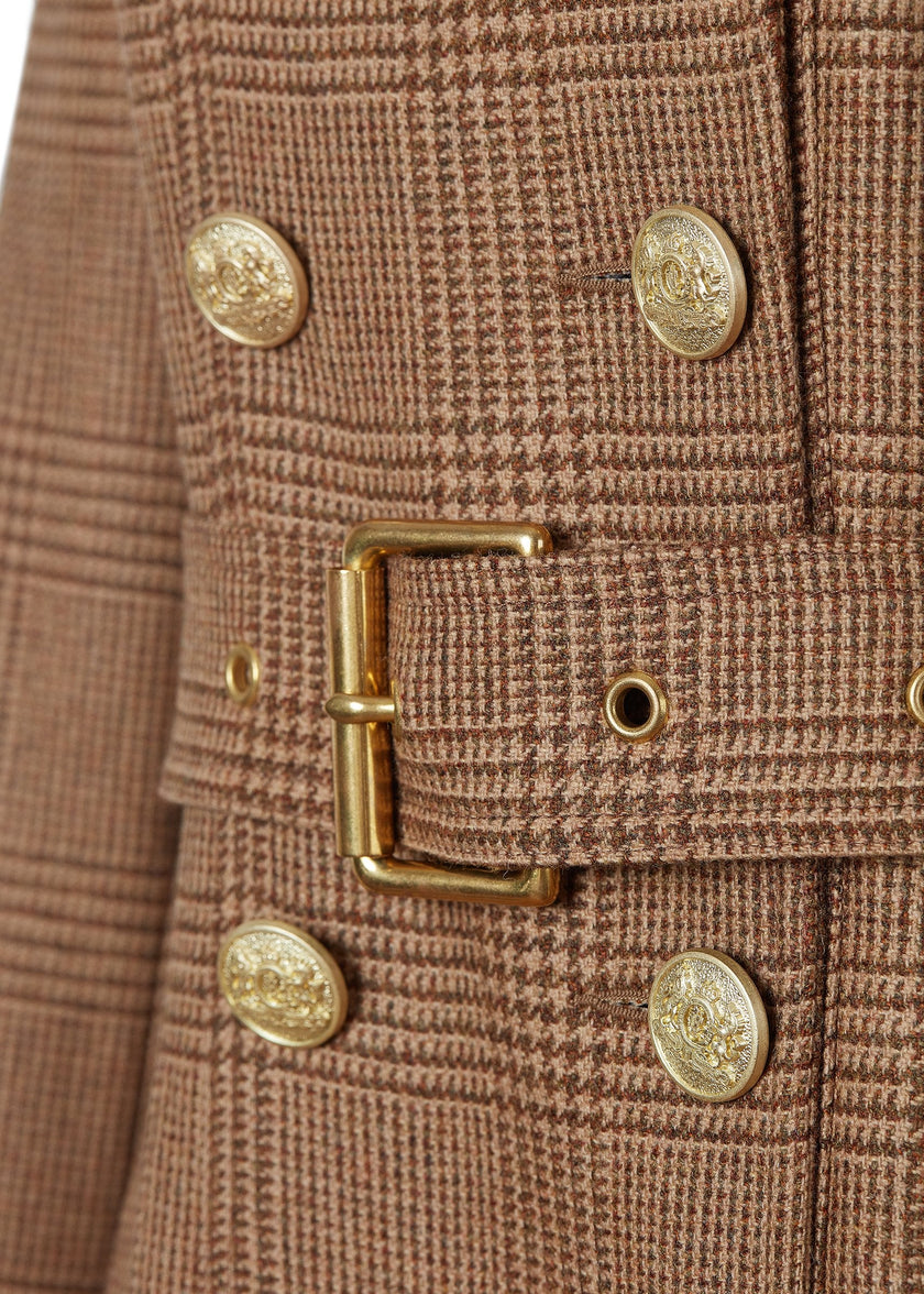 gold button and belt detail on womens brown tweed double breasted full length wool trench coat