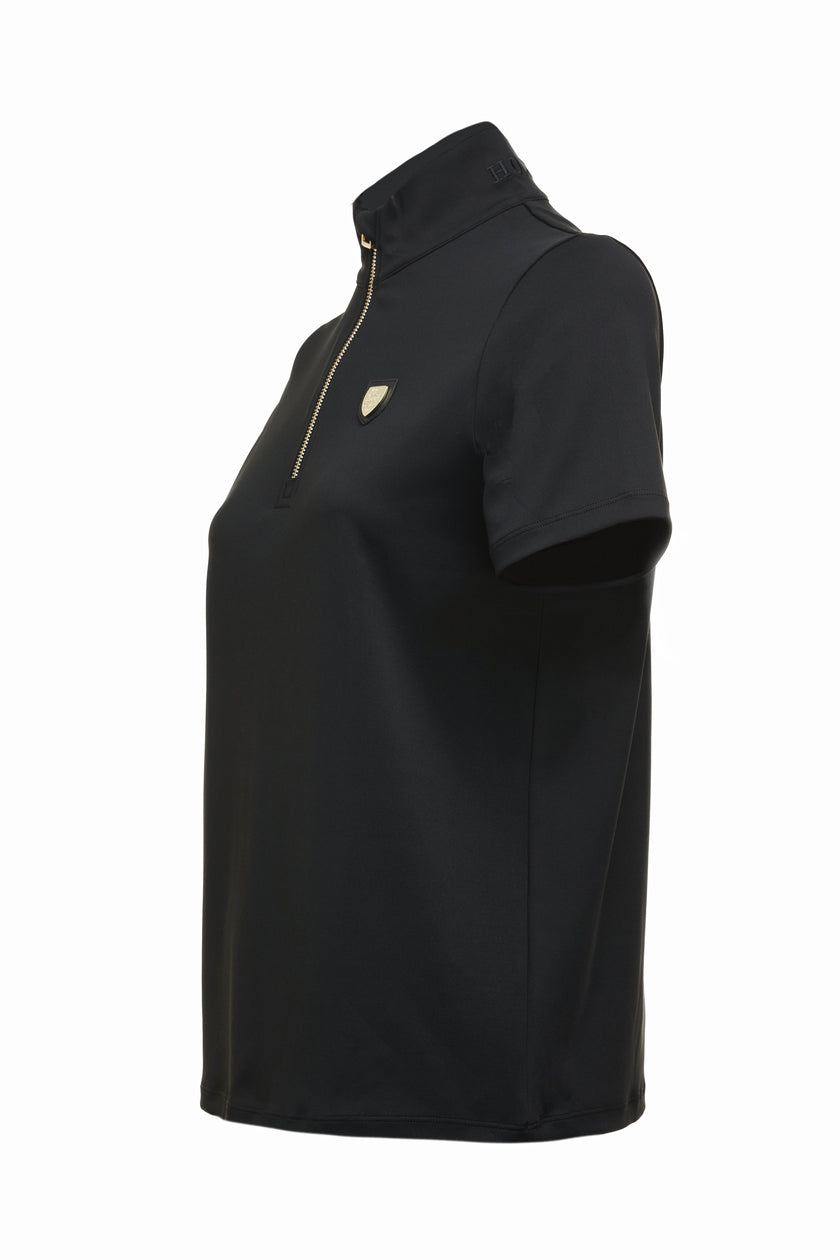 side of womens equestrian short sleeve base layer in black