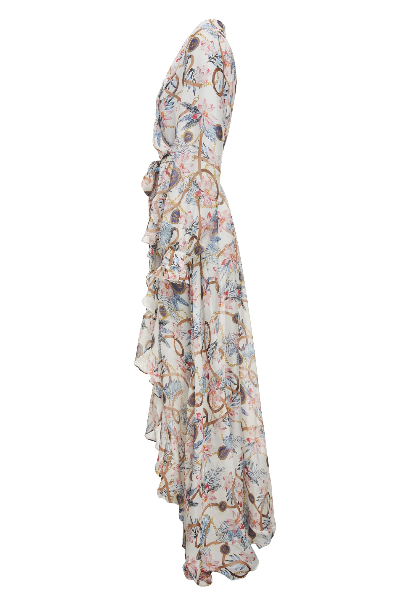 side shot of womens printed white maxi dress