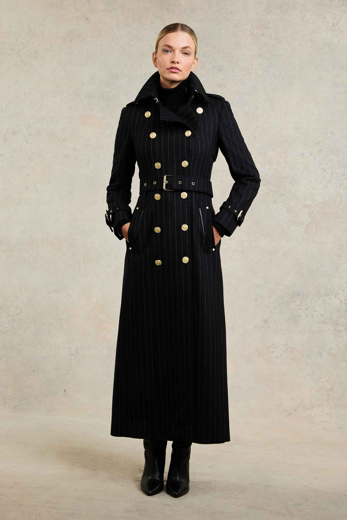 Full Length Marlborough Trench Coat (Black Pinstripe)