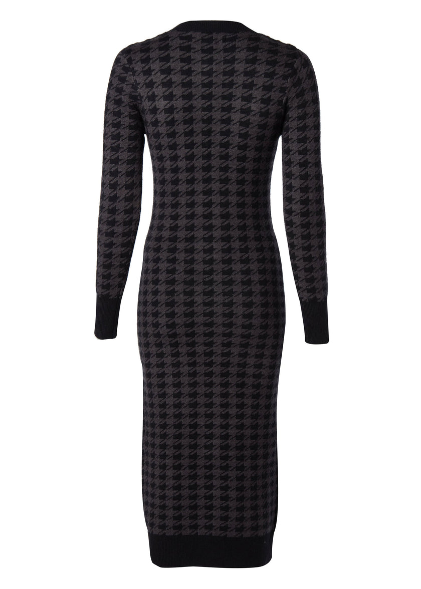 back of womens slim fit crew neck long sleeve knitted midi dress in grey and black houndstooth with gold button detail on contrast black panel down the centre front and two black contrast welt pockets on chest and two on the hips with gold buttons on the centre of each and contrasting black ribbed hem neckline and cuffs