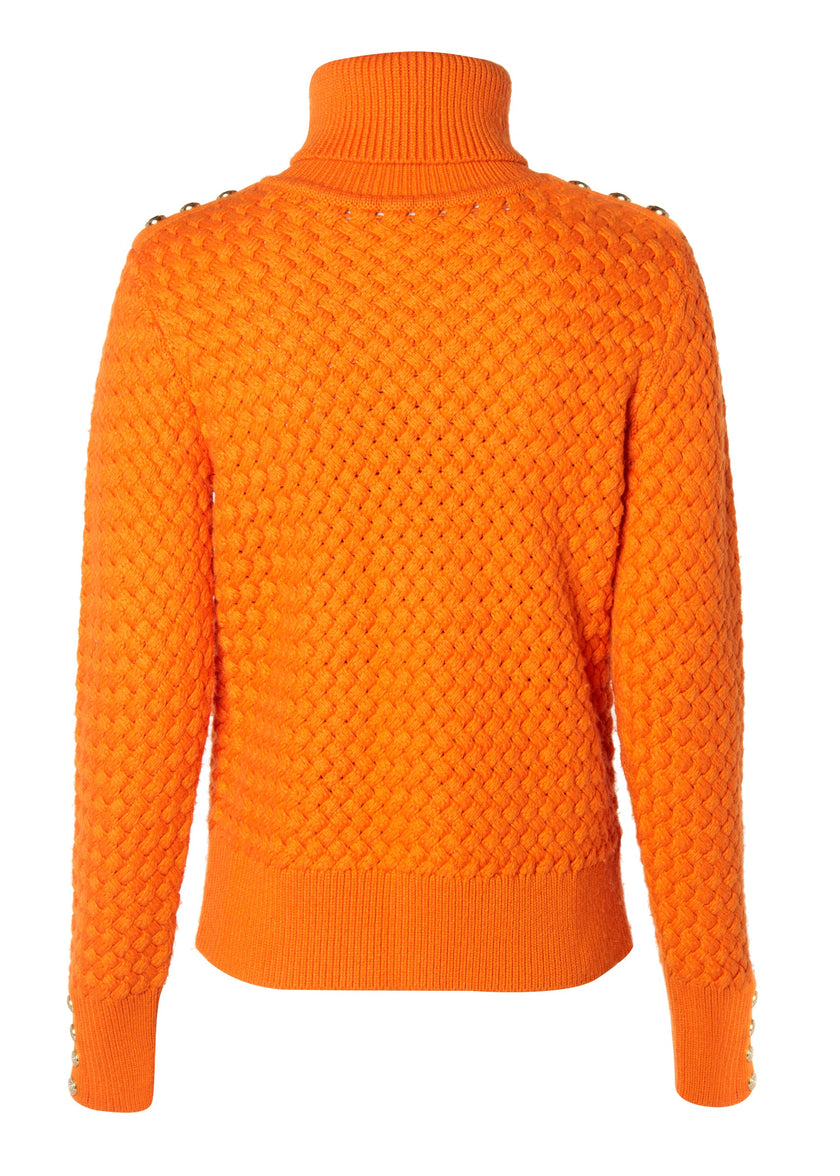 back of womens lightweight roll neck basket weave knit jumper in orange