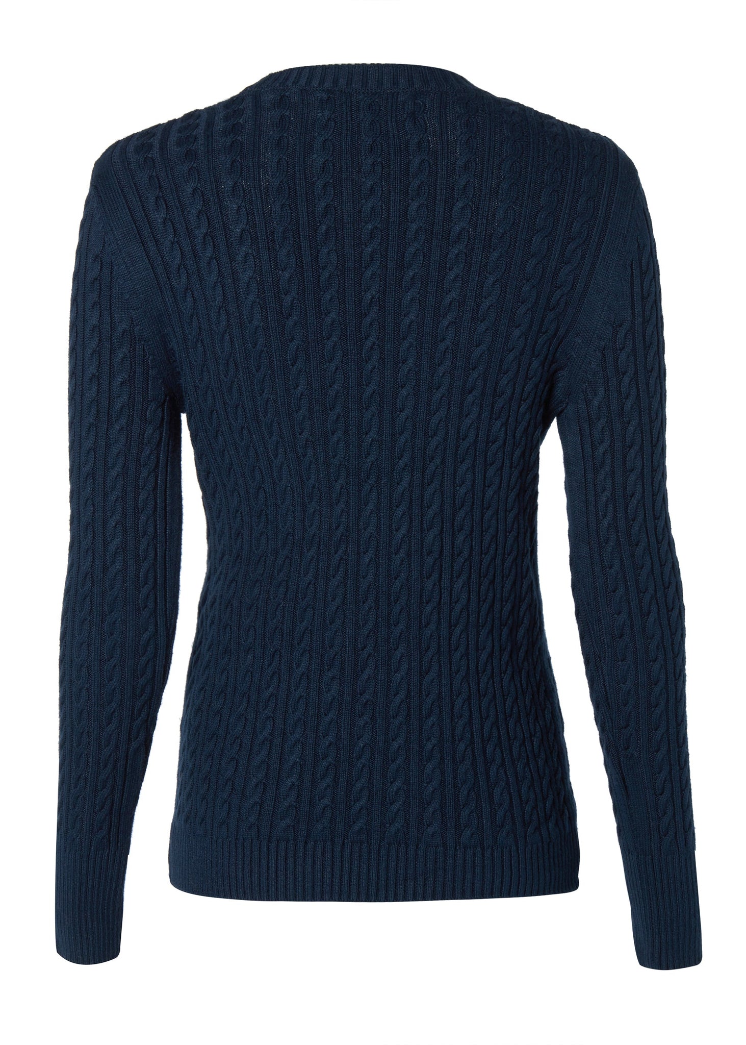 back of womens cable knit jumper in navy with ribbed crew neck cuffs and hem