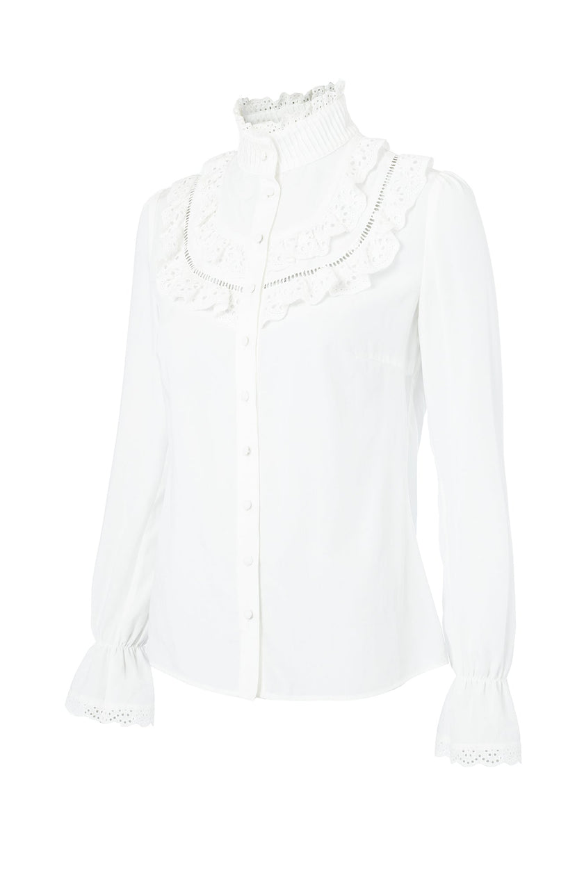 side image of white blouse with long sleeves and a slim fit with delicate lace trim to both the collar and cuff edges with flattering lace details to the front body