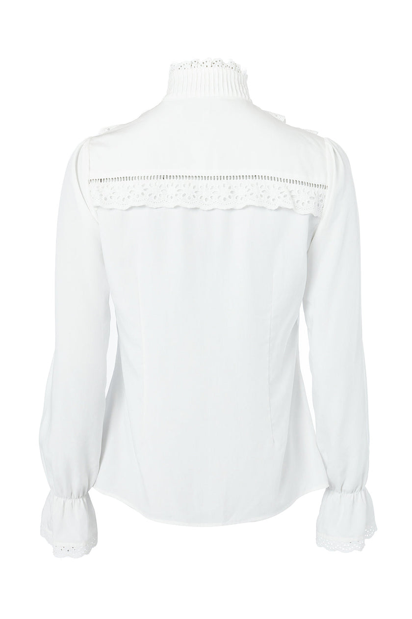 back image of white blouse with long sleeves and a slim fit with delicate lace trim to both the collar and cuff edges with flattering lace details to the front body