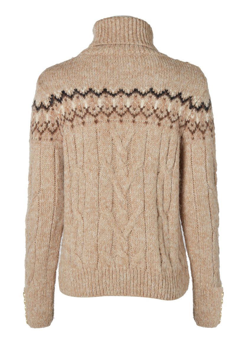 back of high roll neck cable knit jumper in camel with a black cream and dark camel fairisle knit detail across the chest around the upper arm and back