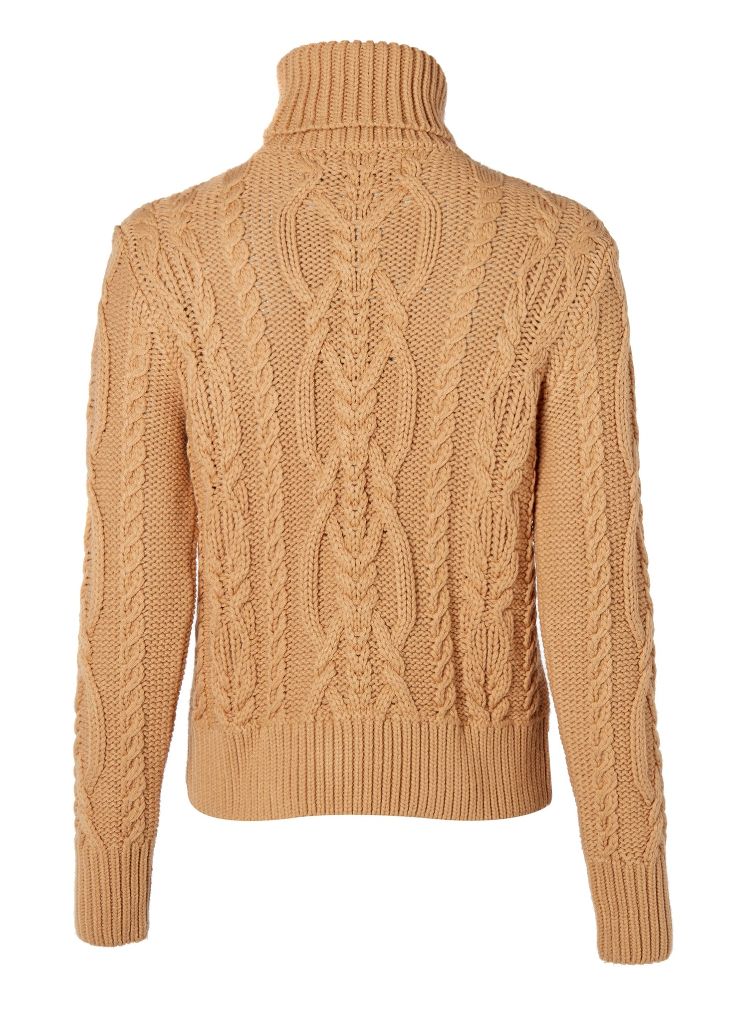 back of a chunky cable knit roll neck jumper in camel with dropped shoulders and thick ribbed cable trims and gold buttons on cuffs and collar