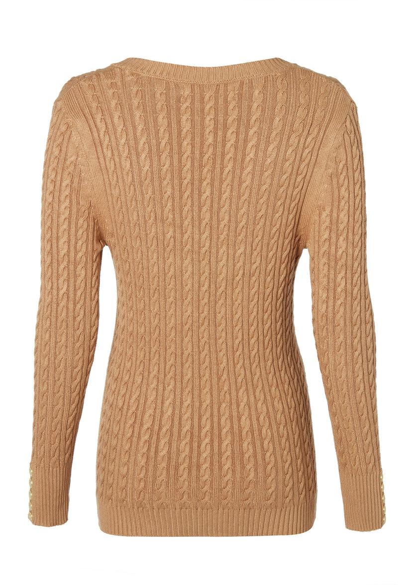 back of womens lightweight v neck cable knit jumper in dark caramel detailed with gold buttons at the cuffs