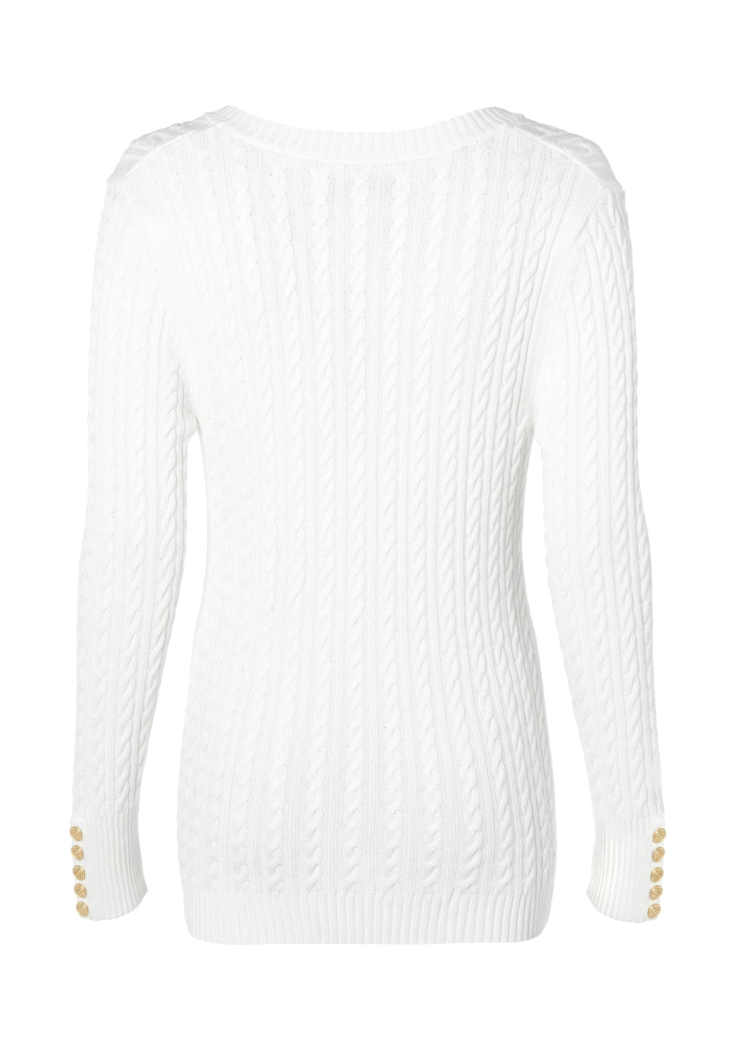 back of womens lightweight v neck cable knit jumper in white detailed with gold buttons at the cuffs