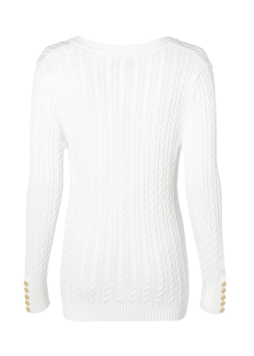 back of womens lightweight v neck cable knit jumper in white detailed with gold buttons at the cuffs