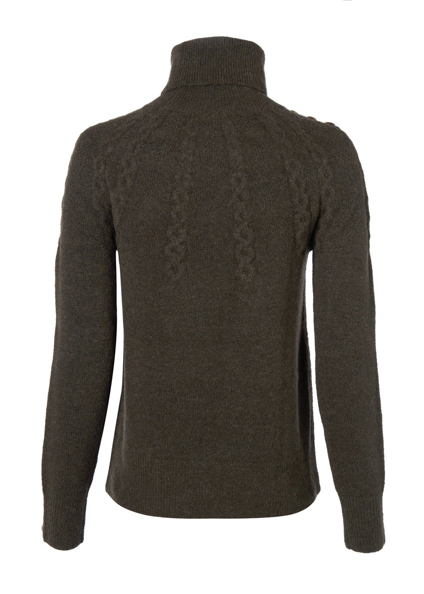 back of Chunky knit roll neck jumper in fern green with textured knit detailing and horn buttons across both shoulders