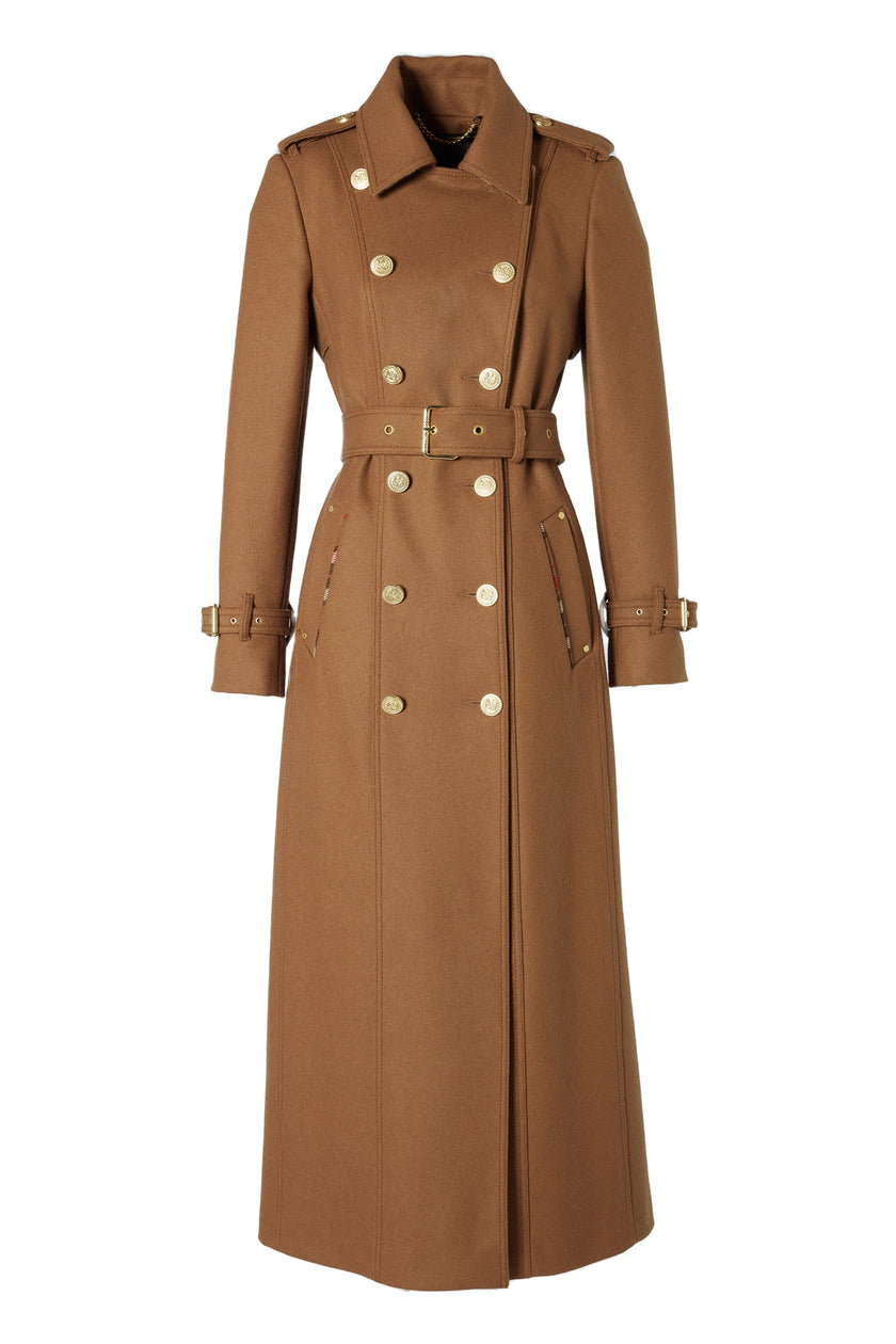 womens dark camel wool double breasted trench coat