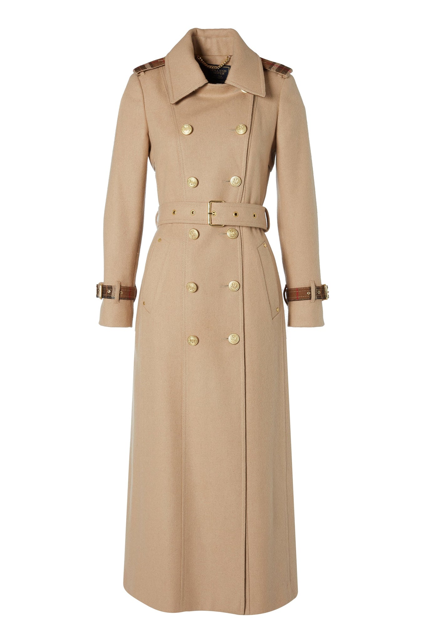 womens camel and brown check wool double breasted trench coat