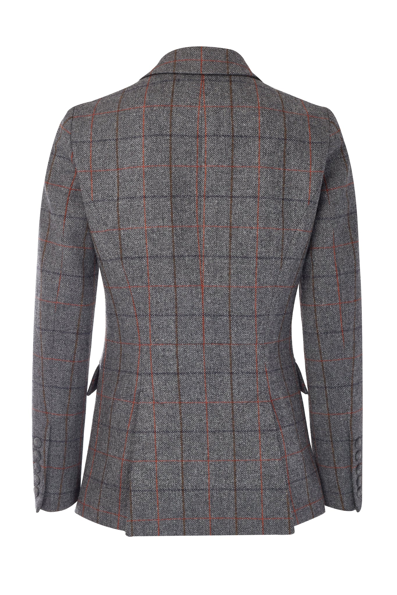 back of womens grey tweed riding jacket 