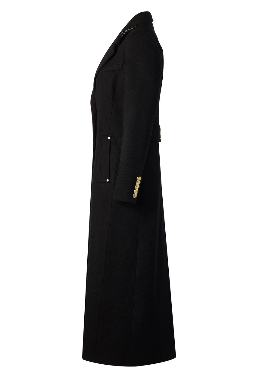 side of black single breasted full length wool coat