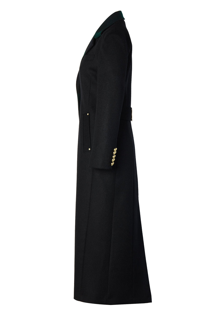 side of womens navy blue single breasted mid length wool coat with blackwatch lapel