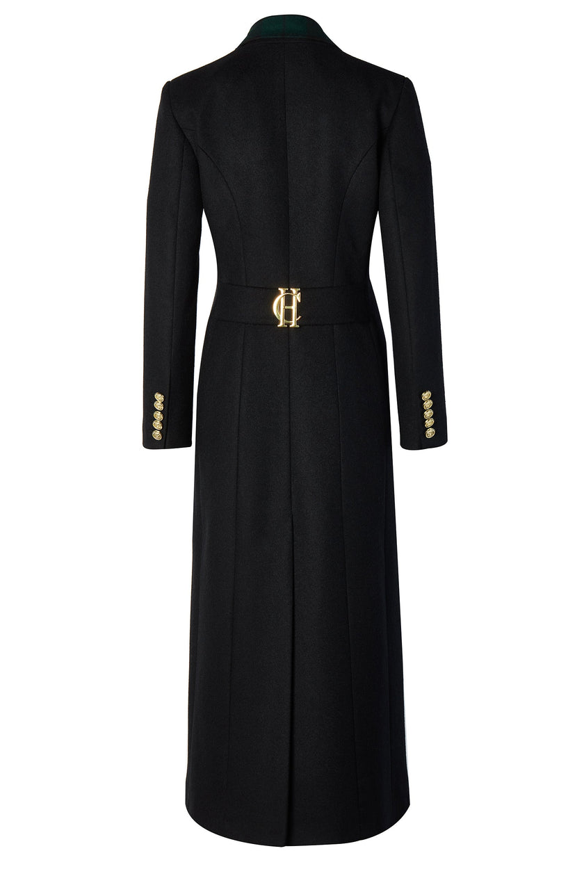 back of womens navy blue single breasted mid length wool coat with blackwatch lapel