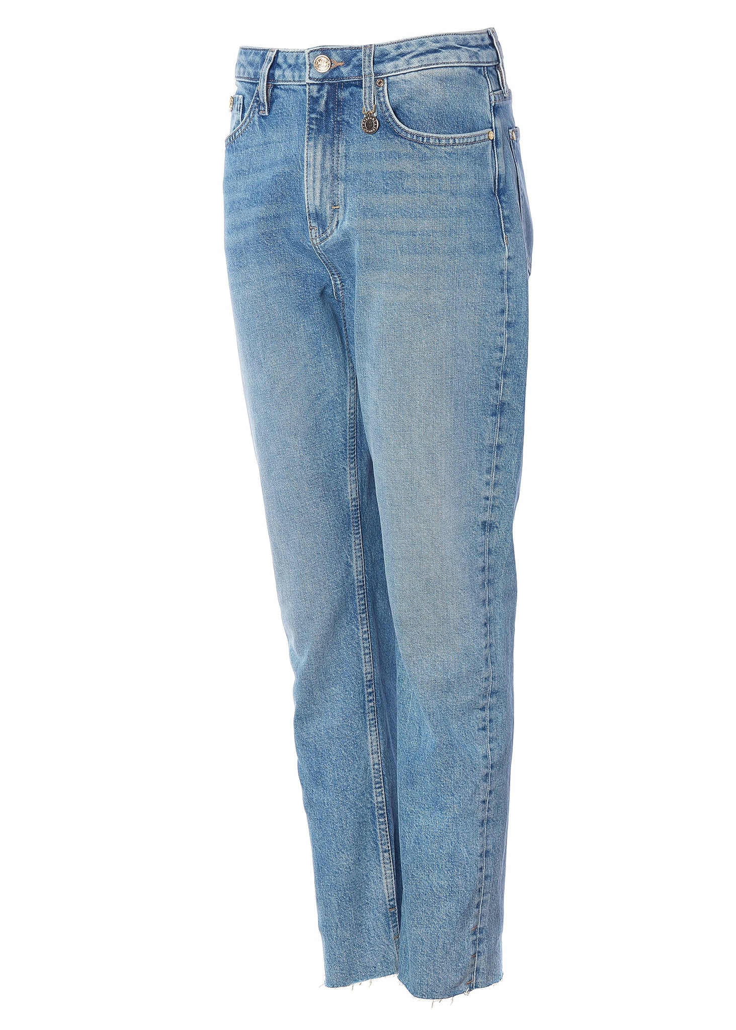 side of womens high rise blue denim slim fit jean with raw hem and two open pockets on the front and back with gold stirrup charm to the belt loop