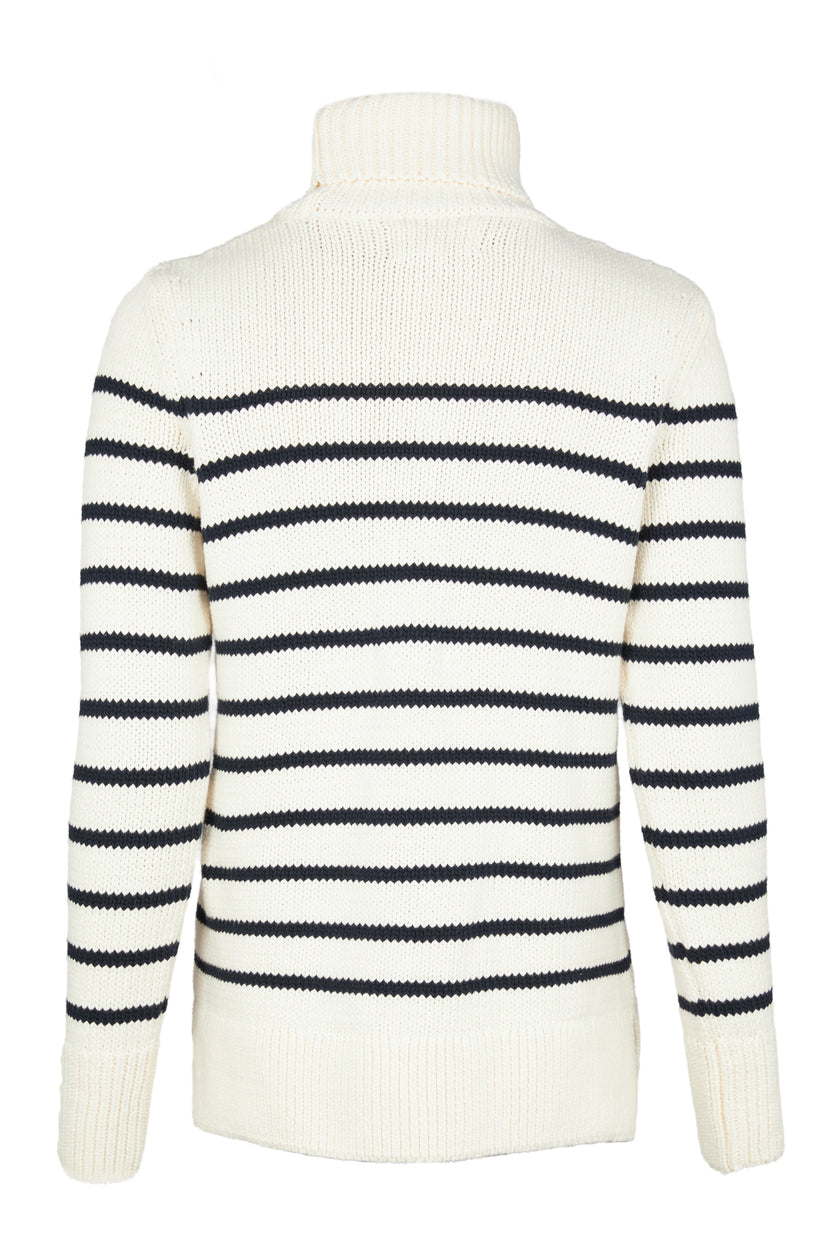 back of a classic cream and navy breton stripe roll neck jumper with a split ribbed hem and gold button detail on the cuffs and collar