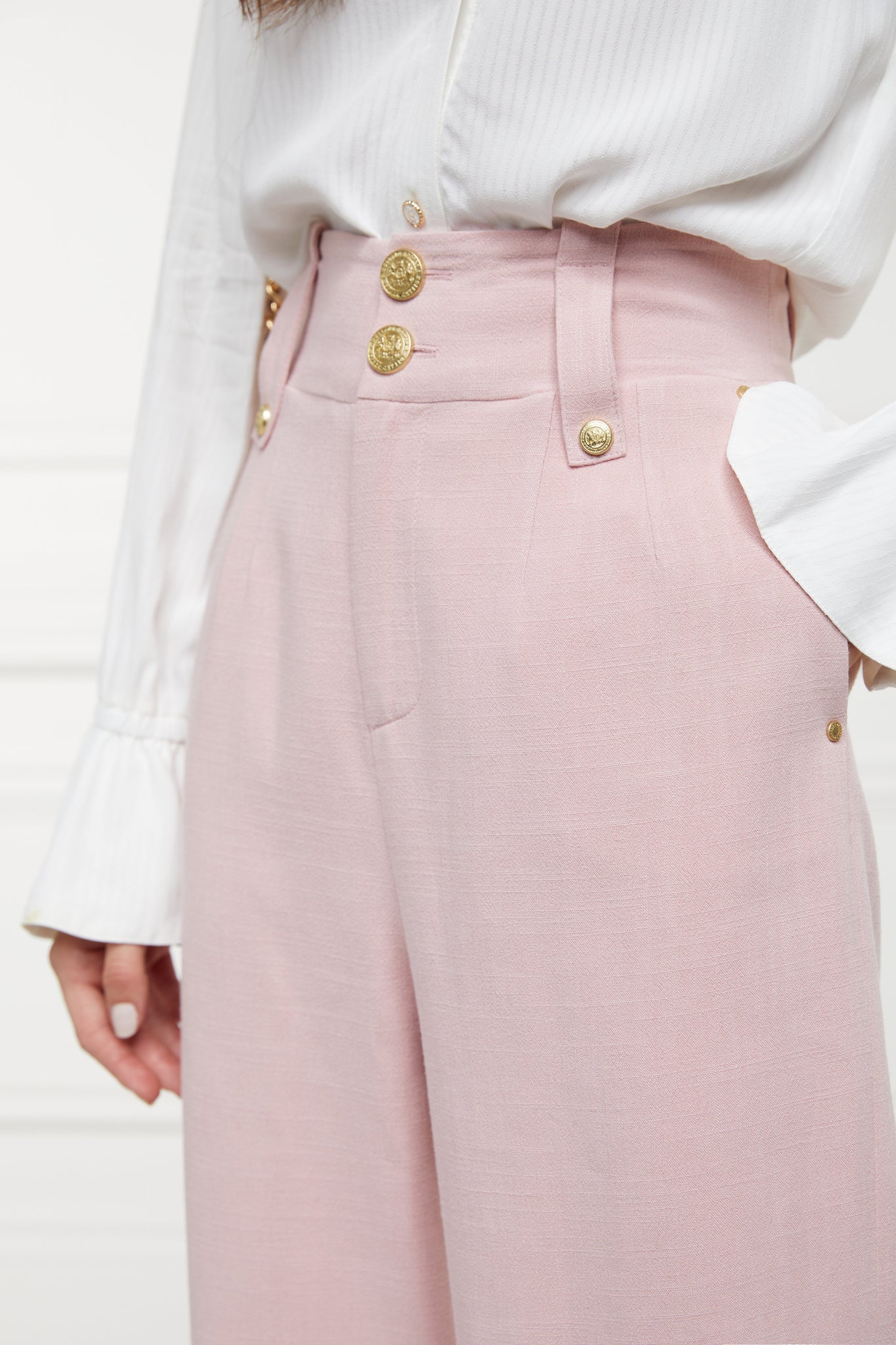 High Waisted Straight Trouser (Pink Linen)