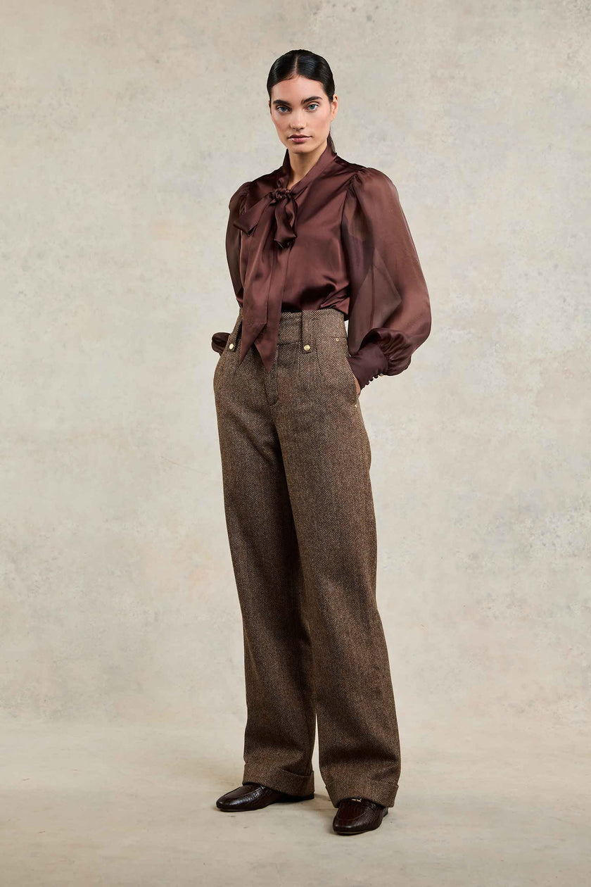 High Waisted Wide Leg Trouser (Large Scale Brown Herringbone)