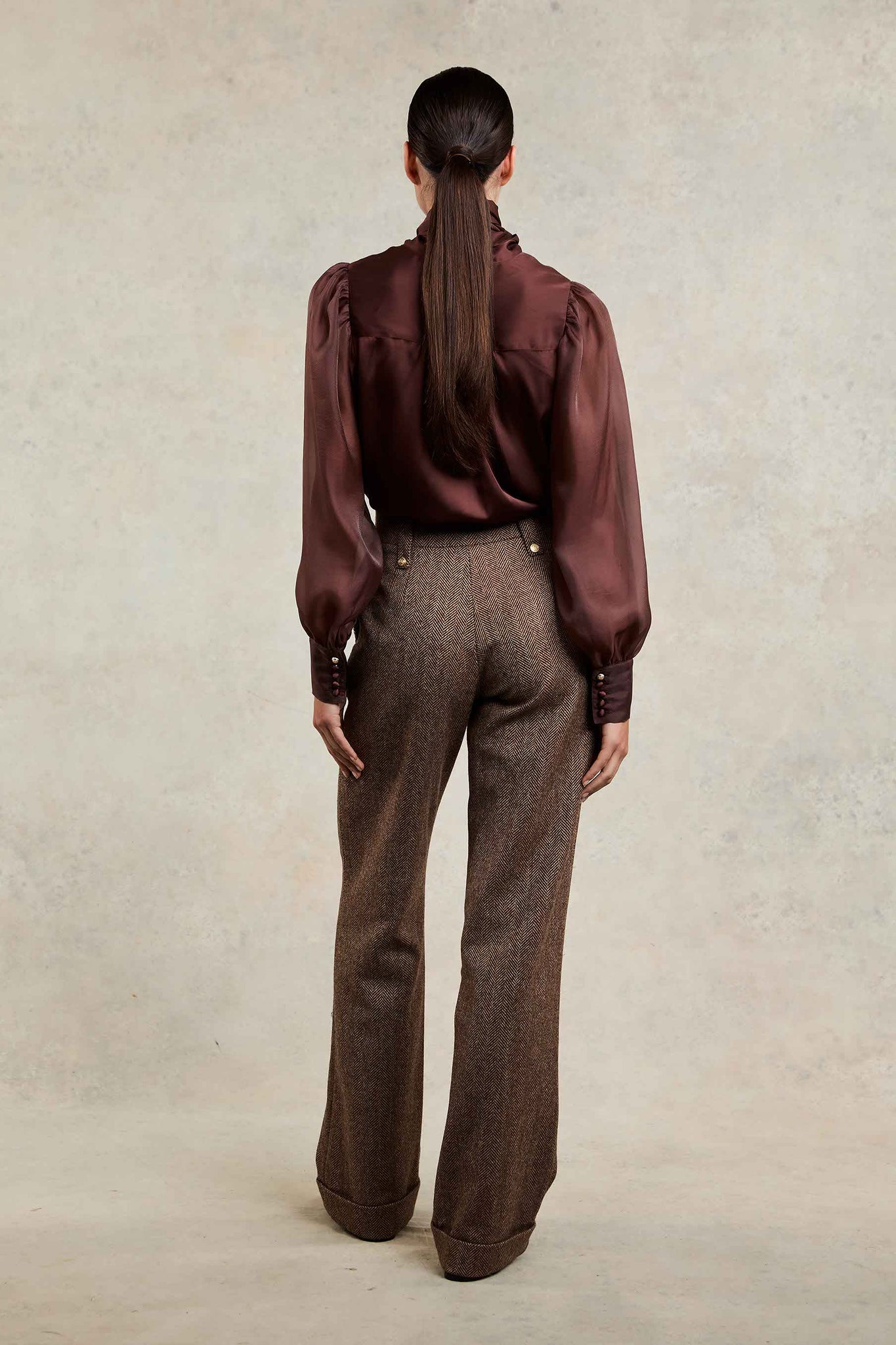 High Waisted Wide Leg Trouser (Large Scale Brown Herringbone)