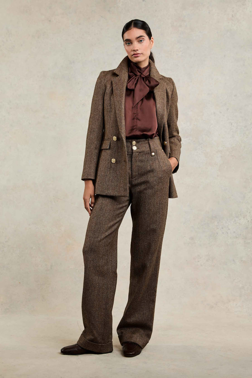 High Waisted Wide Leg Trouser (Large Scale Brown Herringbone)