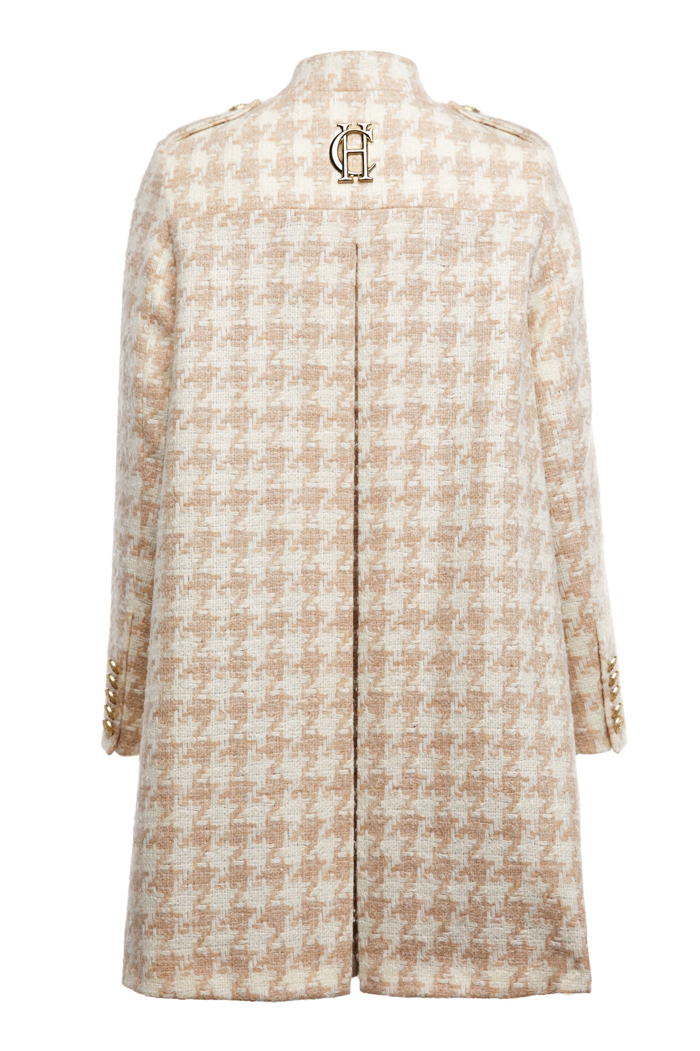 Back of Womens camel and cream large scale houndstooth cape coat