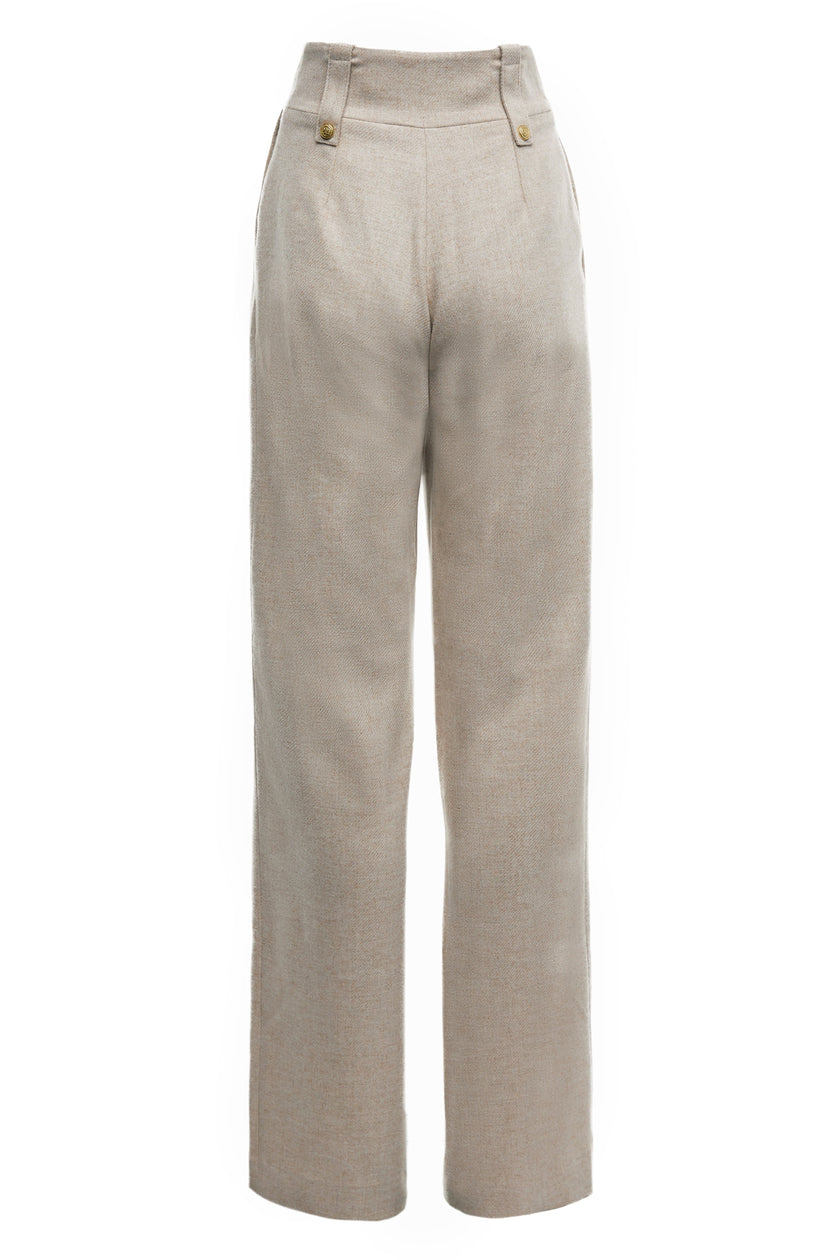 Back of Women's oatmeal wool high waisted straight trouser