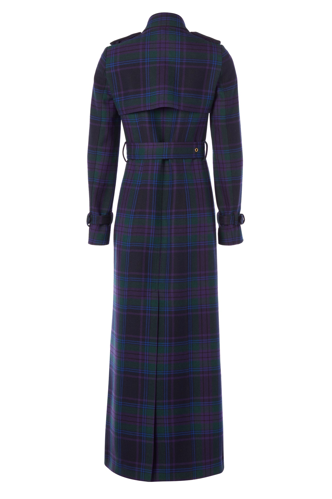 back of womens purple tartan double breasted full length wool trench coat