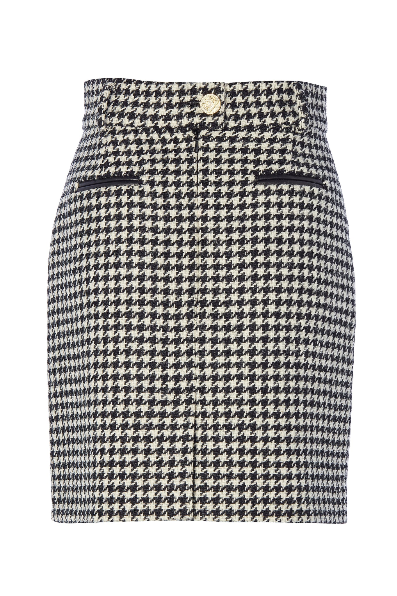 back of womens black and white houndstooth wool pencil mini skirt with concealed zip fastening on centre back and gold rivets down front