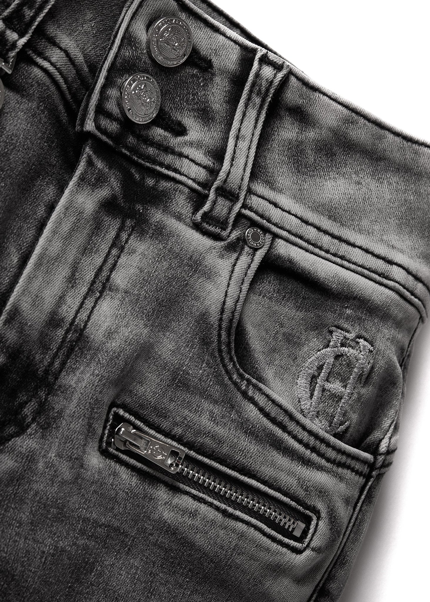 hc embroidery detail on left pocket facing on womens high rise vintage grey skinny stretch jean with pin tuck biker panels to front and two open zip pockets on front